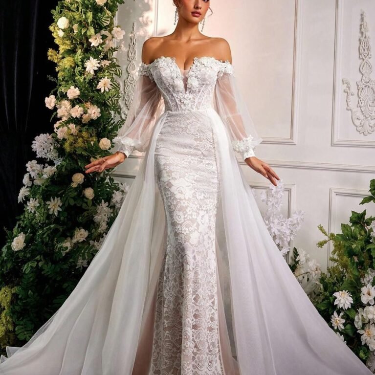 Vestido de novia de encaje estilo sirena de hombros descubiertos