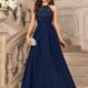 Vestido cuello alto con lentejuelas en pecho espalda abierta