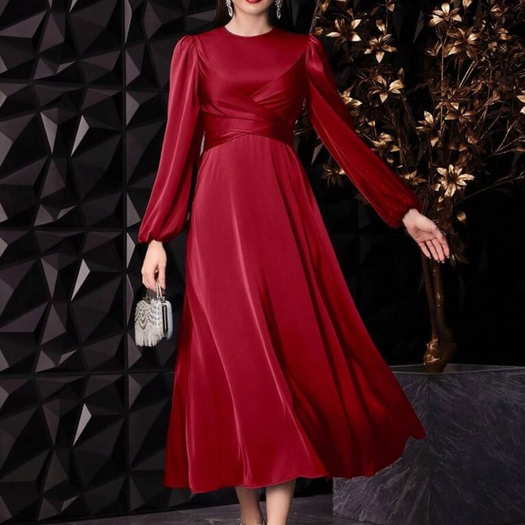 Vestido midi de satén manga larga cintura cruzada