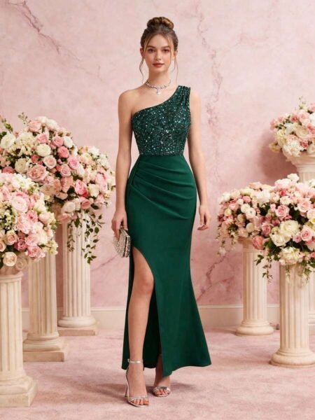 Vestido de fiesta de un hombro con lentejuelas estilo sirena