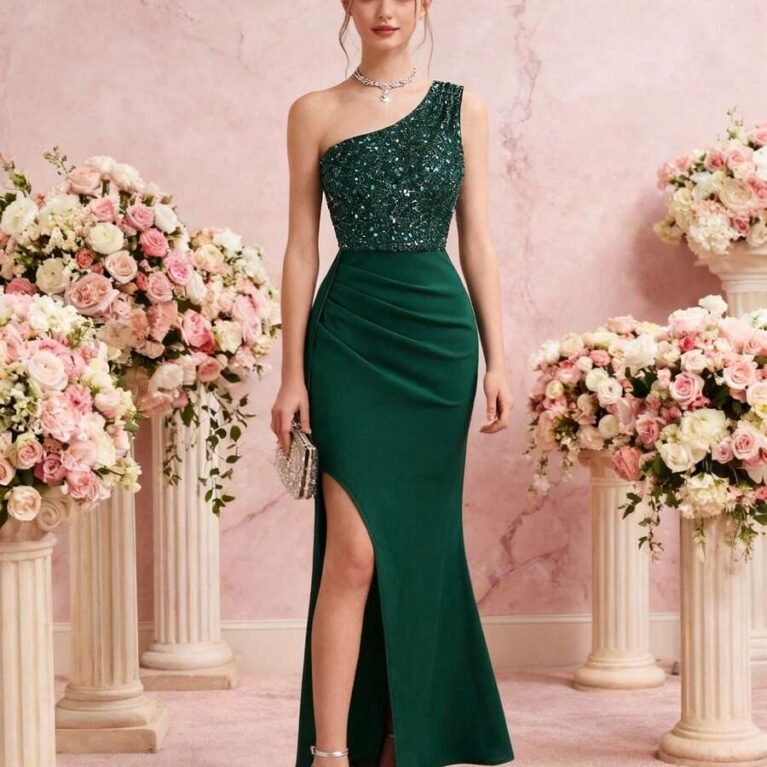 Vestido de fiesta de un hombro con lentejuelas estilo sirena