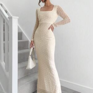 Vestido largo de manga larga escote cuadrado ajustado