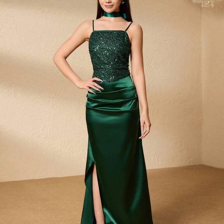 Vestido de fiesta con tirantes finos con lentejuelas y satén con abertura