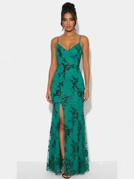 Vestido largo estilo sirena con abertura en muslo y espalda cruzada