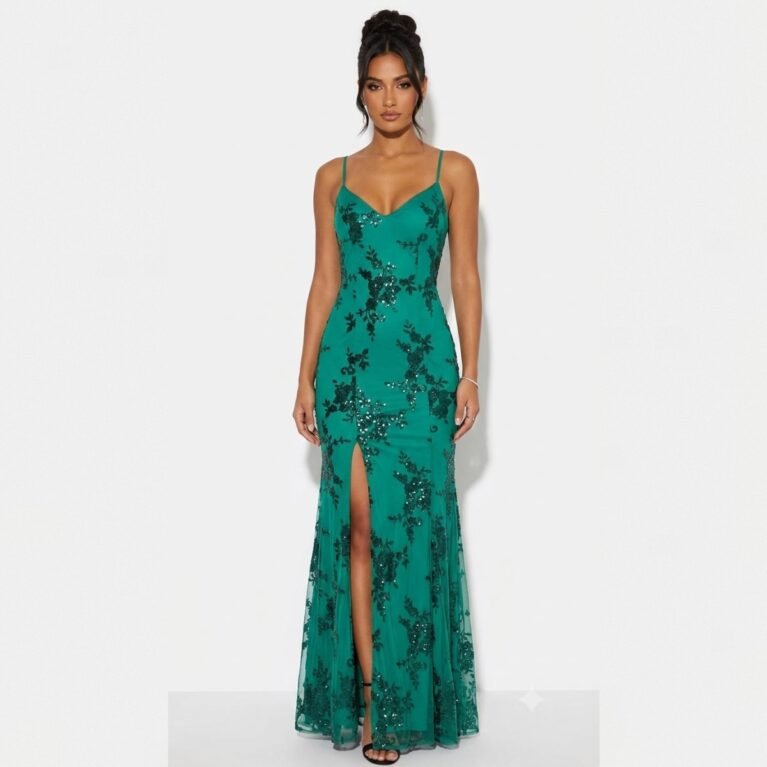 Vestido largo estilo sirena con abertura en muslo y espalda cruzada