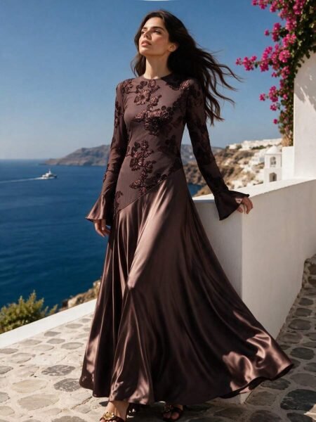 Vestido elegante cuello redondo manga de campana con textura floral