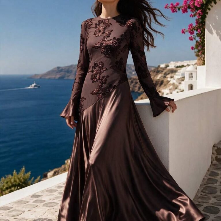 Vestido elegante cuello redondo manga de campana con textura floral