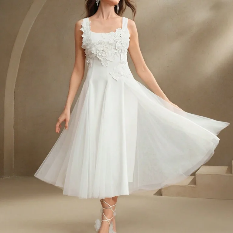 Vestido elegante con aplique floral y falda amplia con tul