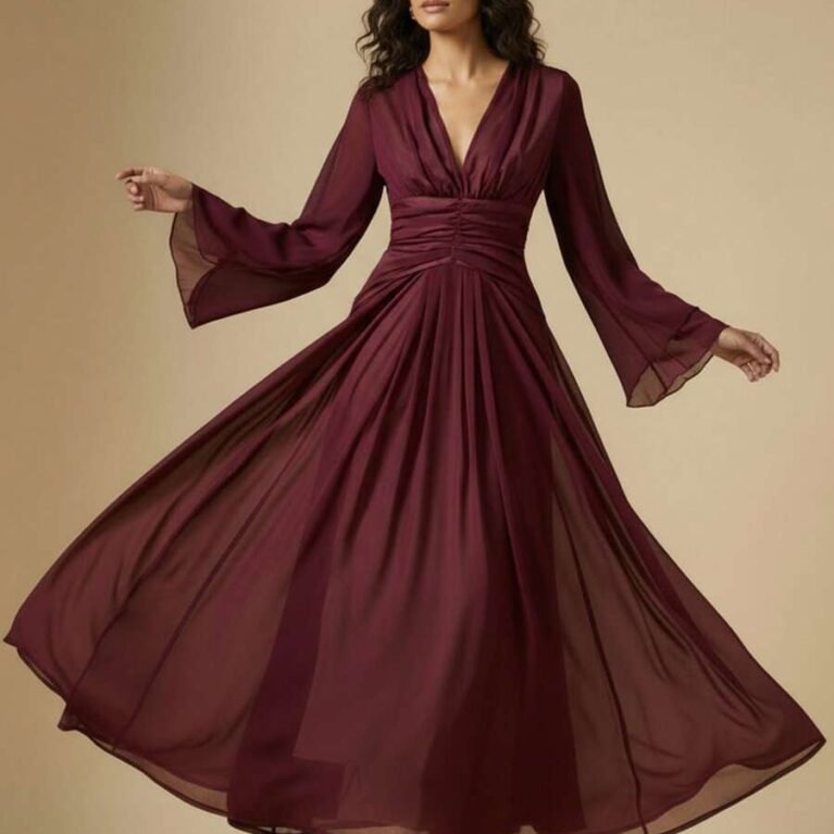 Vestido Linea A de cintura fruncida manga estilo campana