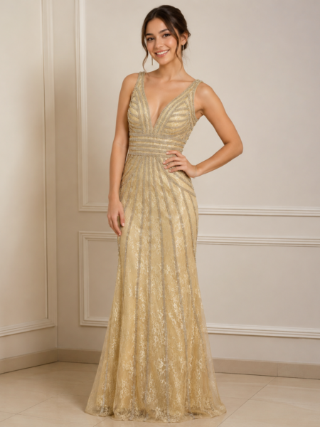 Vestido largo escote profundo estilo sirena con pedrería