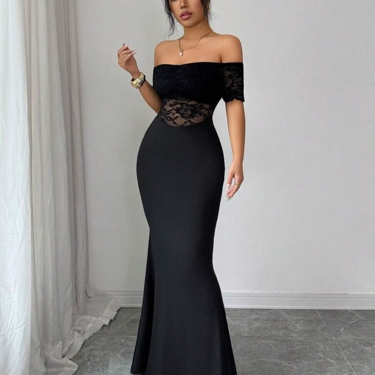 Vestido estilo sirena  con hombros descubiertos de encaje