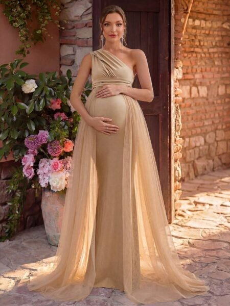 Vestido Maternal de un hombro ajustado con cola de tul