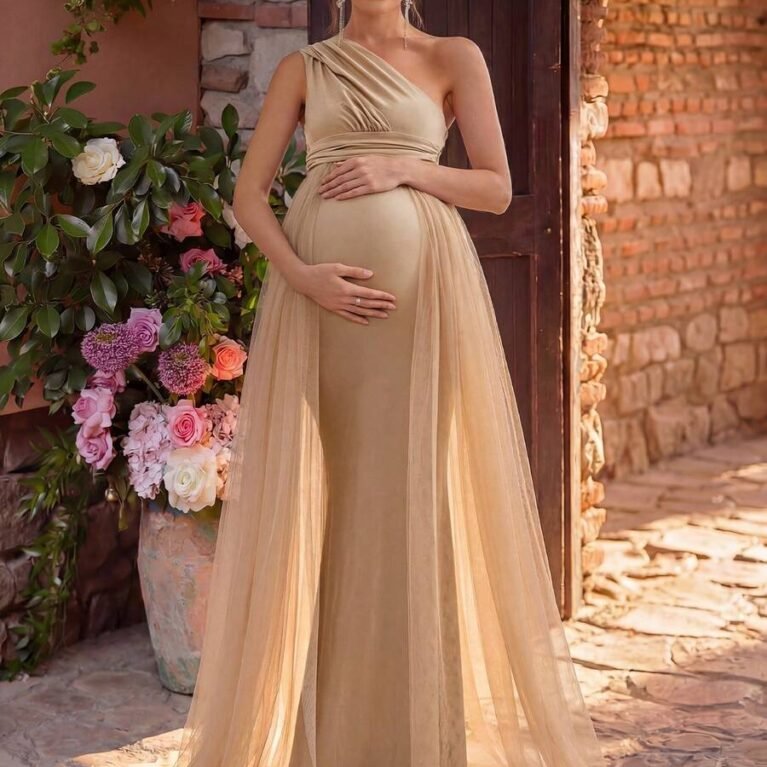 Vestido Maternal de un hombro ajustado con cola de tul