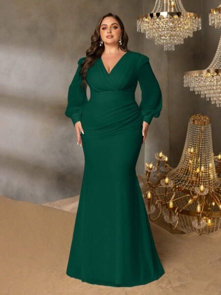 Vestido estilo sirena manga larga con escote V