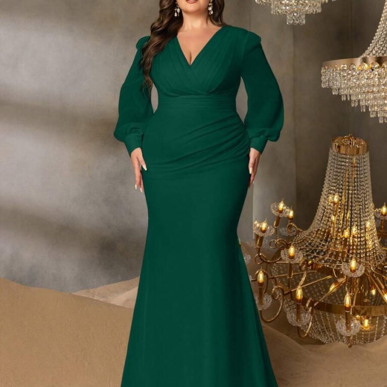 Vestido estilo sirena manga larga con escote V