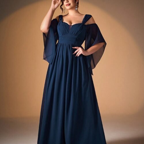 Vestido largo de hombros caídos Linea A con pretina ancha