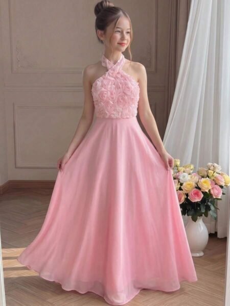 Vestido largo cuello alto con flores 3D Linea A
