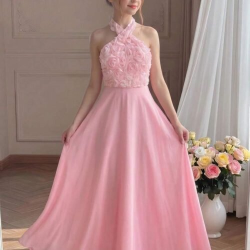 Vestido largo cuello alto con flores 3D Linea A