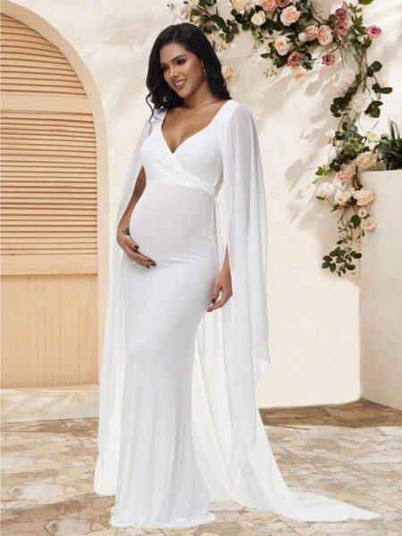 Vestido maternal estilo sirena con manga abierta y cola