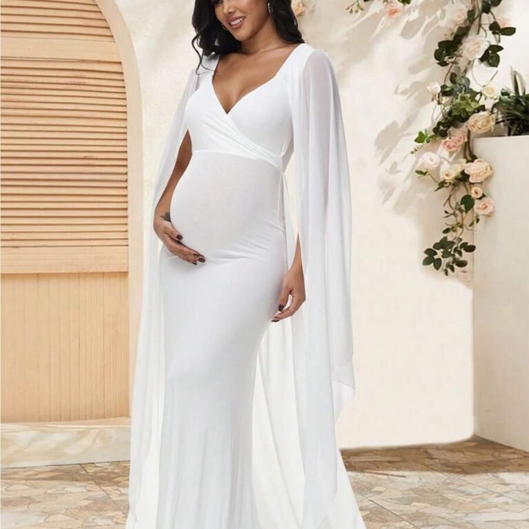 Vestido maternal estilo sirena con manga abierta y cola
