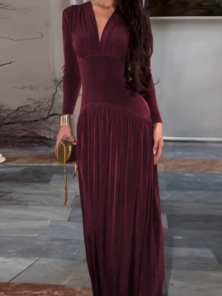 Vestido elegante con escote V manga larga de terciopelo