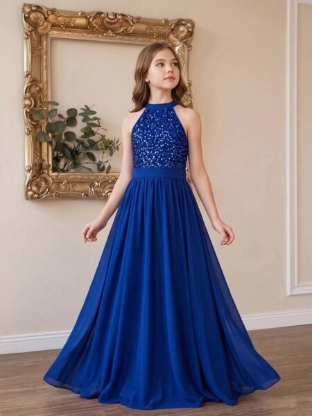 Vestido largo Linea A con lentejuelas cuello alto