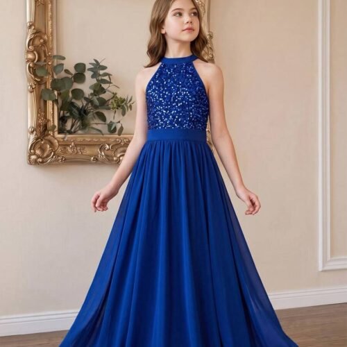 Vestido largo Linea A con lentejuelas cuello alto