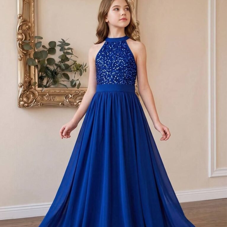 Vestido largo Linea A con lentejuelas cuello alto