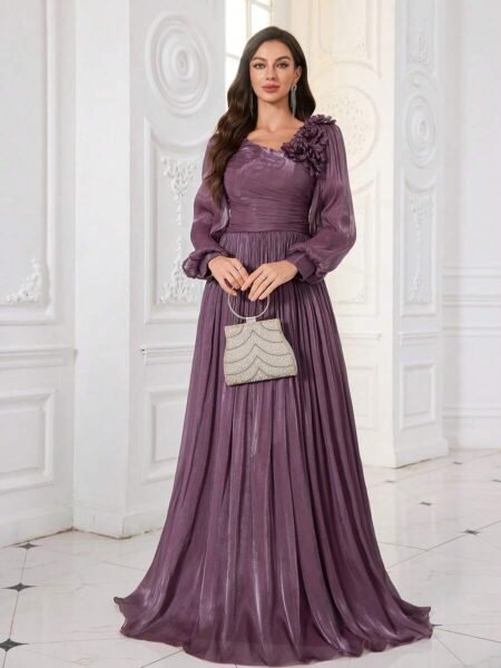 Vestido elegante manga larga farol linea A plisado