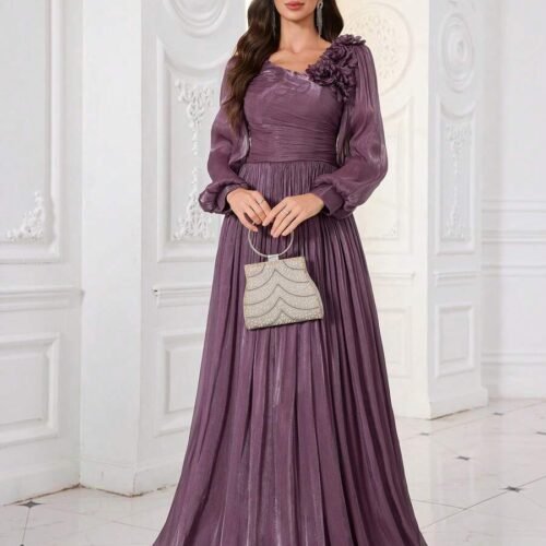 Vestido elegante manga larga farol linea A plisado