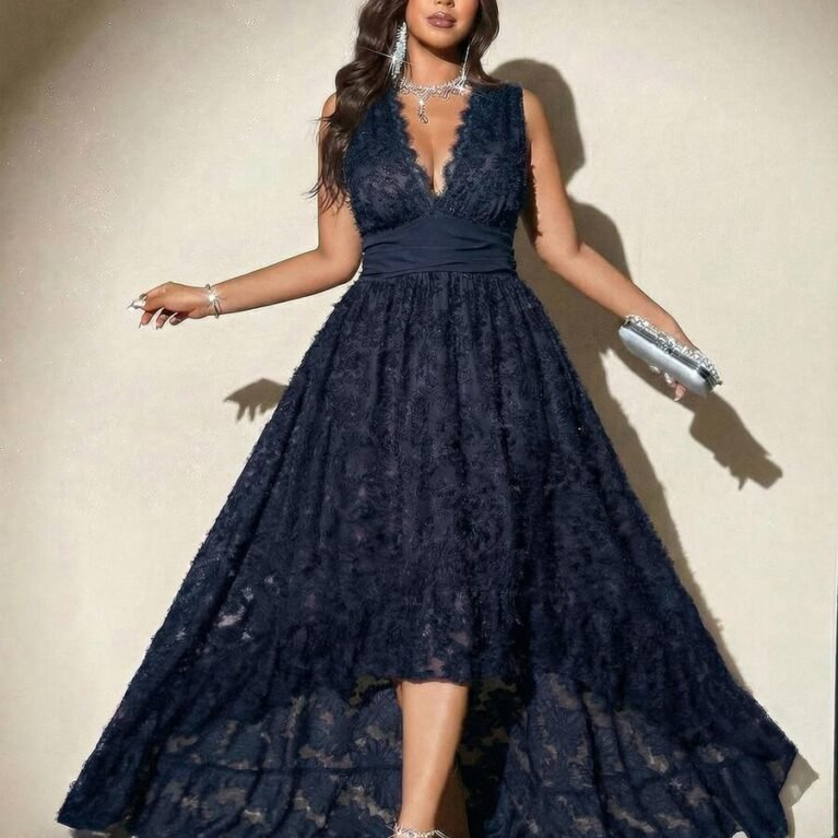 Vestido de encaje asimétrico linea A de cintura ancha escote V