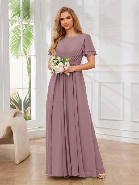 Vestido largo linea A cuello redondo de manga volada