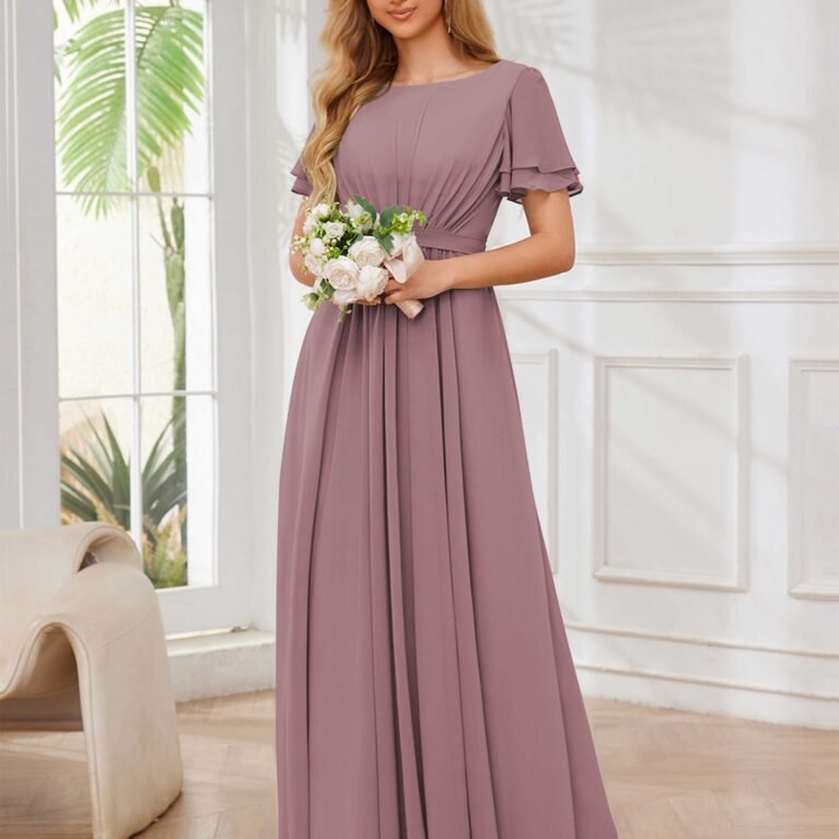 Vestido largo linea A cuello redondo de manga volada