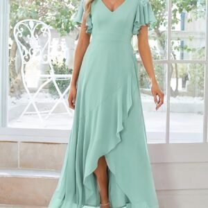 Vestido manga corta asimétrico con vuelos