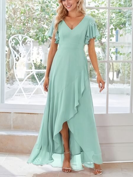 Vestido manga corta asimétrico con vuelos