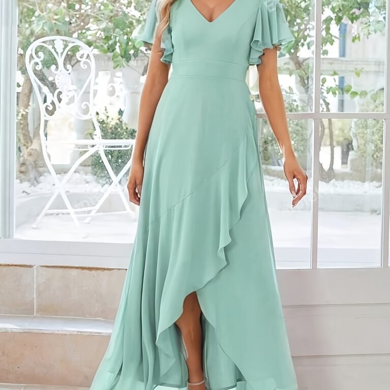 Vestido manga corta asimétrico con vuelos