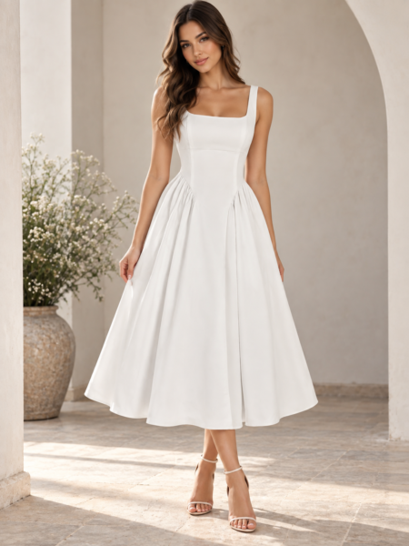 Vestido midi elegante de falda amplia con espalda baja y lazo