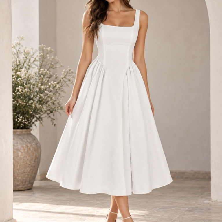 Vestido midi elegante de falda amplia con espalda baja y lazo