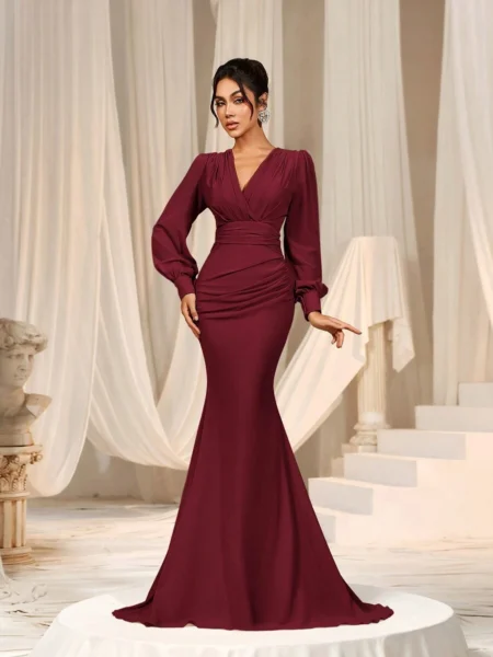Vestido estilo sirena de manga farol larga y escote V