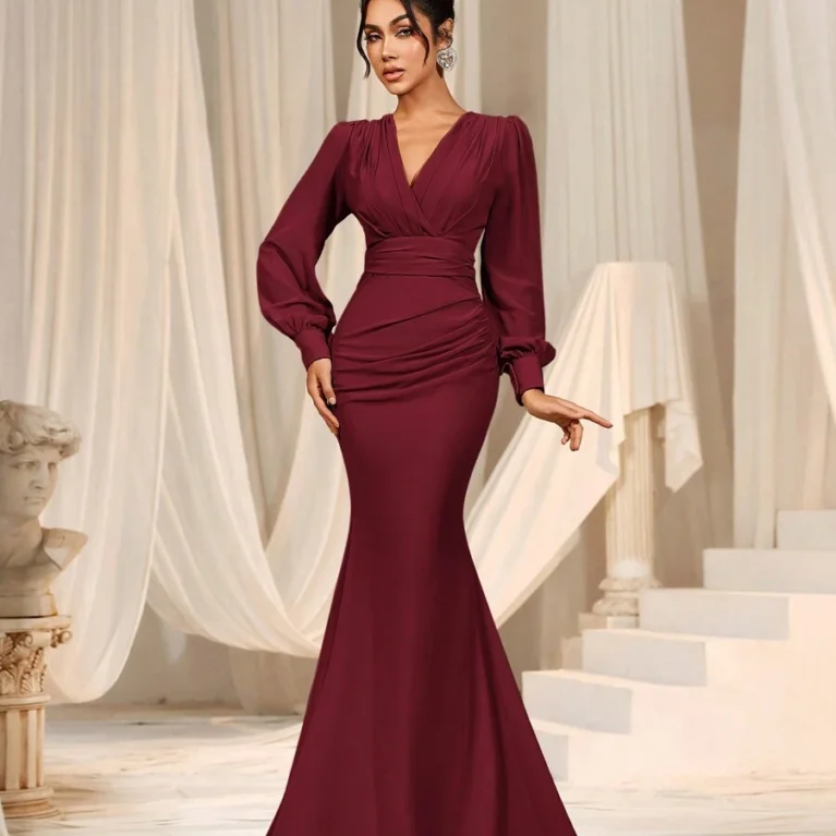 Vestido estilo sirena de manga farol larga y escote V