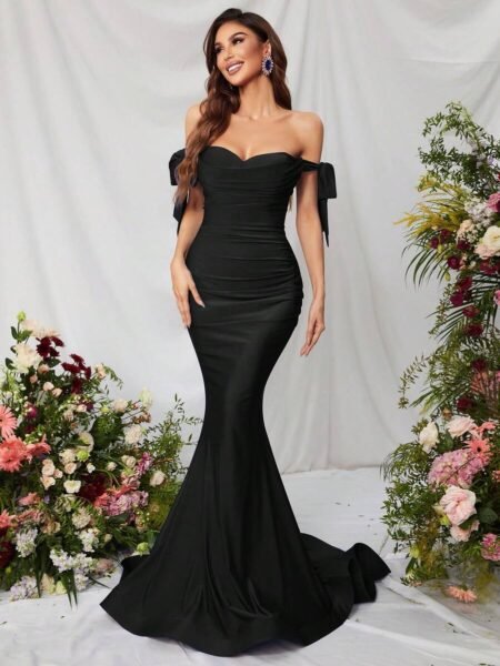 Vestido ajustado estilo sirena de hombros caídos con lazos