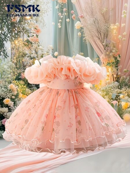 Vestido de niña flores y mariposas de hombros caídos con lazo