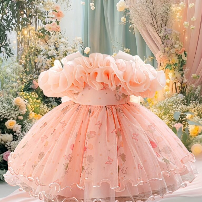 Vestido de niña flores y mariposas de hombros caídos con lazo