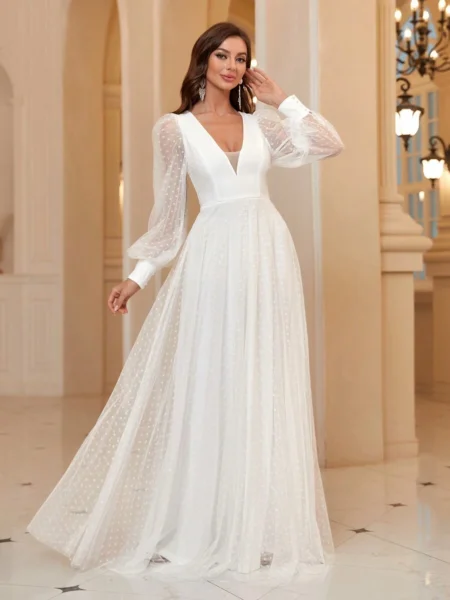 Vestido largo de manga larga escote V de manga farol de lunares