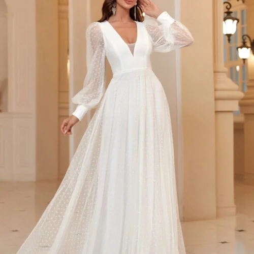 Vestido largo de manga larga escote V de manga farol de lunares