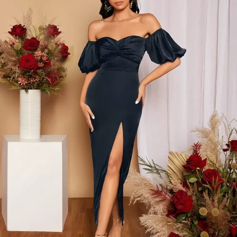 Vestido de satén hombros descubiertos manga bombacha y abertura