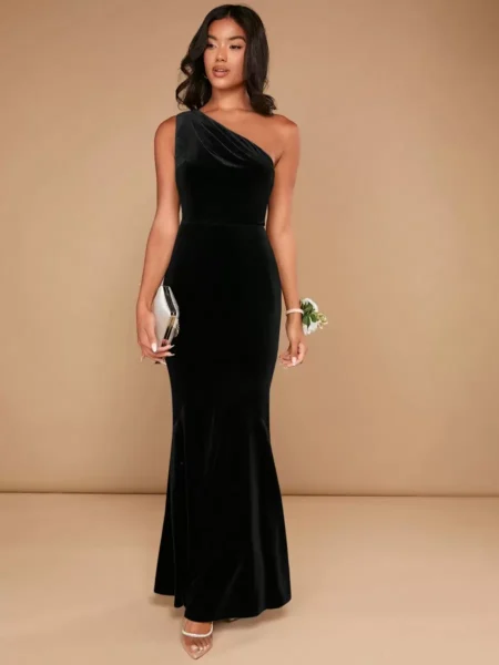 Vestido de gamuza asimétrico estilo sirena de un hombro