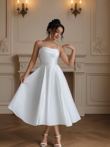 Vestido de satén tirantes finos Linea A con corsé