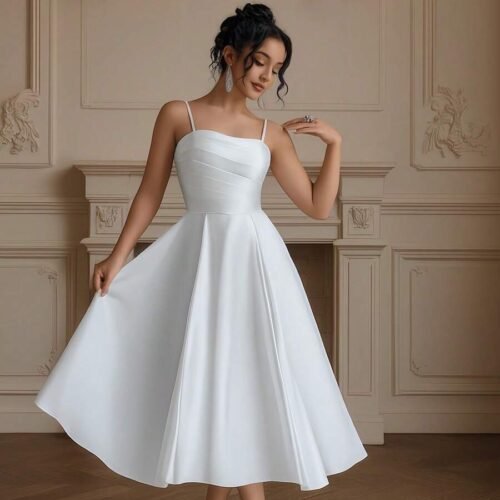 Vestido de satén tirantes finos Linea A con corsé