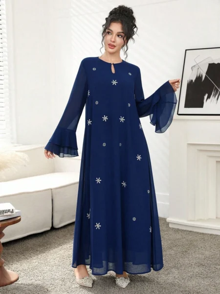 Vestido estilo Árabe de manga larga con vuelos con perdería